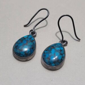 Vintage 925 Sterling Silver Turquoise Teardrop Hook Earrings Blue Matrix Boho